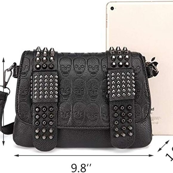 Womens Punk Skull Print Crossbody Bag PU Leather Gothic Skull Shoulder Bag Purse - Picture 3 of 7